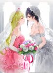  2girls bare_shoulders black_hair blonde_hair bouquet breasts bridal_veil bride cleavage closed_eyes couple cowboy_shot dress dsmile elbow_gloves facing_another floral_dress flower furutachi_ren gloves grey_dress grey_eyes hayahoshi_akuru highres holding holding_bouquet imminent_kiss leaning_forward long_hair looking_at_another medium_breasts medium_hair multiple_girls official_art oshi_no_love_yori_koi_no_love pillar pink_dress pink_flower pink_rose purple_flower rose smile sparkle strapless strapless_dress tiara veil wedding_dress white_flower wife_and_wife yuri 