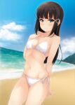  1girl arm_behind_back artist_name bangs beach bikini black_hair blunt_bangs blush breasts closed_mouth commentary cowboy_shot day green_eyes hair_ornament hairclip hand_on_own_chest highres hino_minato_(spec.c) kurosawa_dia linea_alba long_hair looking_at_viewer love_live! love_live!_sunshine!! mole mole_under_mouth navel nervous outdoors raised_eyebrows side-tie_bikini_bottom small_breasts solo straight_hair swimsuit twitter_username watermark white_bikini 