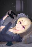  1girl areola_slip artist_name bangs bed blonde_hair blue_hoodie blush breasts gamryous girls&#039;_frontline handheld_game_console highres hood hoodie jewelry long_hair lying messy_hair on_back on_bed open_clothes open_hoodie playstation_portable red_eyes ring russian_flag sv-98_(girls&#039;_frontline) 