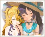  2girls :o alternate_costume bangs bikini blonde_hair blush breasts choker cleavage closed_eyes collarbone commentary_request earrings eyepatch fischl_(genshin_impact) genshin_impact gukuli hair_between_eyes hair_ornament hat highres jewelry long_hair medium_breasts mona_(genshin_impact) multiple_girls parted_lips purple_bikini purple_hair sleeping sleeping_on_person sleeping_upright straw_hat swimsuit twintails two_side_up upper_body 