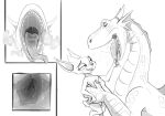  2022 anthro black_and_white bodily_fluids brownie_(creature) comic dragon dragon_rider_(film) duo female feral genitals greyscale half-closed_eyes hi_res male monochrome narrowed_eyes open_mouth pussy saliva salivating simple_background sorrel_(dragon_rider) teeth tongue tongue_grab tongue_out uvula vore white_background wugi 