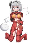  1girl bangs black_bow black_hairband black_ribbon blue_eyes blush bodysuit bow bow_hairband breasts cameltoe commentary cosplay dot_nose ghost hairband highres konpaku_youmu konpaku_youmu_(ghost) looking_at_viewer neon_genesis_evangelion pilot_suit plugsuit red_bodysuit ribbon seiza short_hair simple_background sitting small_breasts solo souryuu_asuka_langley souryuu_asuka_langley_(cosplay) sweatdrop torn_clothes touhou white_background white_hair youmu-kun 