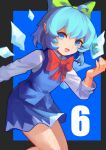  1girl :d absurdres ahoge bangs black_border blue_background blue_dress blue_eyes blue_hair border bow bowtie cirno cowboy_shot cryokinesis dress english_commentary flat_chest frozen_frog green_bow hair_between_eyes hair_bow hand_up highres ice ice_wings kawuyuckie long_sleeves looking_at_viewer open_mouth pinafore_dress pointy_ears red_bow red_bowtie second-party_source shirt simple_background smile solo thighs touhou white_shirt wing_collar wings 