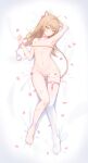  1girl absurdres ahoge animal_ears bangs barefoot blush breasts brown_hair choker cuffs full_body hair_between_eyes handcuffs heart heart_choker highres indie_virtual_youtuber lion_ears lion_girl lion_tail long_hair looking_at_viewer lying navel on_back on_bed panties pink_panties puni_(yuuki-0215) rurudo_lion sidelocks single_thighhigh small_breasts solo tail thighhighs topless underwear virtual_youtuber white_thighhighs yellow_eyes 