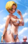  1boy 1girl :o absurdres android_18 ass bald bikini blonde_hair blue_eyes blue_sky blush bracelet breasts cleavage cloud collarbone covered_nipples dragon_ball dragon_ball_z elite_nappa goggles highres jewelry kuririn large_breasts micro_bikini navel nose_blush ocean official_alternate_hairstyle parted_lips partially_submerged short_hair sky sunglasses sweatdrop swimsuit wet white_bikini 