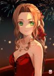  1girl aerith_gainsborough bangs bare_arms breasts bridge brown_hair cleavage collarbone dress final_fantasy final_fantasy_vii final_fantasy_vii_remake fireworks flamenco_dress flower green_eyes hair_flower hair_ornament hair_ribbon highres jewelry kamui_(kamuikaoru) long_hair looking_to_the_side medium_breasts multiple_necklaces necklace official_alternate_costume outdoors parted_bangs ponytail red_dress red_flower red_ribbon ribbon sidelocks smile solo star_(symbol) star_necklace strapless strapless_dress upper_body wavy_hair 