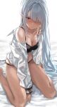  1girl bed_sheet between_legs black_bra black_panties blue_archive bra breasts cleavage closed_mouth collarbone demon_tail grey_hair hair_over_one_eye hand_between_legs hand_on_own_ankle highres iori_(blue_archive) long_hair long_sleeves looking_at_viewer open_clothes open_shirt panties pointy_ears ponpon_nun red_eyes shirt sitting small_breasts solo tail underwear wariza white_shirt 