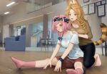  2girls absurdres animal_ears arknights armchair bangs barefoot black_leggings blonde_hair blurry blurry_background braid breasts brown_shirt brown_shorts cat_ears chair cleavage clenched_teeth collarbone commentary_request depth_of_field forehead goldenglow_(arknights) hair_over_shoulder highres indoors leggings long_hair medium_breasts multiple_girls no_shoes on_floor one_eye_closed parted_bangs pink_hair pink_socks quercus_(arknights) shirt short_shorts short_sleeves shorts single_braid sitting socks stretching striped_tail tail teeth thick_eyebrows welt_(kinsei_koutenkyoku) white_shirt yellow_eyes 