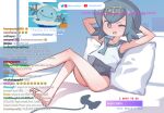  1girl armpits arms_behind_head arms_up ass bangs barefoot blue_eyes blue_hair blue_one-piece_swimsuit blue_sailor_collar bright_pupils collarbone controller covered_navel crossed_legs dot_nose english_commentary english_text flat_chest full_body game_controller hair_between_eyes hair_ornament highres indoors instagram_logo lana_(pokemon) light_blush livestream looking_at_viewer medium_hair mixed-language_commentary no_sclera on_bed one_eye_closed open_mouth orange_peel_(artist) pillow pokemon pokemon_(game) pokemon_sm sailor_collar sailor_shirt school_swimsuit shirt sidelocks sitting sleeveless sleeveless_shirt smile solo swimsuit twitter_logo white_pupils white_shirt wooper youtube_logo 