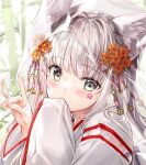  1girl animal_ear_fluff animal_ears bamboo commentary_request flower fox_shadow_puppet fujima_takuya grey_eyes grey_hair hair_flower hair_ornament hands_up japanese_clothes kimono long_hair long_sleeves looking_at_viewer nail_polish orange_flower original pink_nails see-through sleeves_past_fingers sleeves_past_wrists solo veil white_kimono 