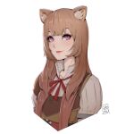  1girl animal_ears bangs breasts brown_hair high_collar highres inhoso long_hair looking_at_viewer multicolored_clothes neck_ribbon pink_eyes portrait raccoon_ears raccoon_girl raphtalia red_ribbon ribbon sidelocks small_breasts smile solo tate_no_yuusha_no_nariagari upper_body white_background 