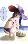  1girl ass bangs bare_arms bare_back barefoot beach bikini breasts earrings full_body genshin_impact green_eyes hat highres jewelry long_hair looking_at_viewer medium_breasts mezurashiiaji mona_(genshin_impact) ocean purple_bikini purple_headwear sand slime_(genshin_impact) solo sparkle_print squatting star_(symbol) star_earrings swept_bangs swimsuit translation_request twintails wet witch_hat 