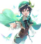  1boy androgynous aqua_hair argyle argyle_legwear beret black_bow black_hair bow braid bug butterfly cape collared_shirt cowboy_shot dsmile flower frilled_sleeves frills genshin_impact gradient_hair green_cape green_eyes green_headwear green_shorts hair_between_eyes hair_flower hair_ornament hat long_sleeves looking_at_viewer male_focus multicolored_hair open_mouth outstretched_hand pantyhose shirt short_hair_with_long_locks shorts smile solo striped striped_bow teeth twin_braids two-sided_cape two-sided_fabric upper_teeth venti_(genshin_impact) waistcoat white_background white_shirt 