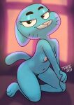  2022 anthro bedroom_eyes blue_body breasts cartoon_network domestic_cat felid feline felis female front_view genitals hi_res kneeling looking_at_viewer mammal narrowed_eyes nicole_watterson nipples nude pinup pose pussy seductive small_breasts solo the_amazing_world_of_gumball tvma 