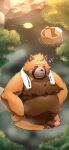  2022 ailurid anthro balls bathing belly big_belly blush brown_body detailed_background erection genitals hi_res hon55728 humanoid_hands kemono male mammal moobs moon navel night nipples outside overweight overweight_male penis plant red_panda solo towel towel_around_neck tree water 