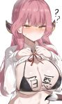  ? absurdres aru_(blue_archive) bangs black_bra blue_archive blunt_bangs blush body_writing bra breasts collared_shirt demon_horns doldol_(rkwowlqrp) halo highres horns large_breasts long_hair neck_ribbon pink_hair red_ribbon ribbon shirt sweat underwear white_shirt yellow_eyes 