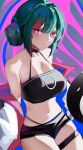  1girl absurdres bare_shoulders black_choker black_shorts breasts bright_pupils choker cleavage closed_mouth collarbone cowboy_shot double_bun green_hair hair_bun highres jacket large_breasts long_sleeves looking_at_viewer multicolored_background multicolored_hair navel open_clothes open_jacket original purple_eyes red_hair short_shorts shorts skindentation solo sports_bra stomach streaked_hair thigh_strap two-tone_hair wawamachi_(wawamachis) white_jacket 