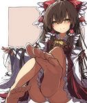  1girl ascot ass bangs barefoot blush bow brown_eyes brown_hair closed_mouth commentary_request detached_sleeves frilled_bow frilled_hair_tubes frilled_skirt frills hair_between_eyes hair_bow hair_tubes hakurei_reimu highres long_hair long_sleeves looking_at_viewer nontraditional_miko panties red_bow red_skirt red_vest sidelocks skirt smile solo tangusuten touhou underwear very_long_hair vest white_panties wide_sleeves yellow_ascot 