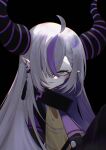  1girl absurdres ascot bangs black_background collar demon_horns ear_piercing elf grey_hair hair_over_one_eye highres hololive horns la+_darknesss looking_at_viewer metal_collar multicolored_hair parted_lips piercing pointy_ears purple_hair simple_background smile solo streaked_hair virtual_youtuber wowari-c. yellow_ascot yellow_eyes 