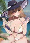  1girl absurdres armpit_crease bangs bikini blurry blurry_background blush book breasts brown_hair cleavage genshin_impact green_eyes hair_between_eyes hat heart heart-shaped_eyewear highres holding holding_book holding_eyewear huge_breasts large_breasts lisa_(genshin_impact) long_hair looking_at_viewer navel oji_fuguri purple_headwear smile solo swimsuit thigh_strap thighs wet 