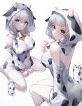  2girls absurdres animal_hood animal_print bell bottle braid breasts brown_eyes cleavage commentary cow_hood cow_horns cow_print cowbell crystalherb detached_sleeves dress fake_horns grey_hair hair_over_shoulder highres hood horns large_breasts long_hair looking_at_viewer milk_bottle multiple_girls neck_bell original simple_background single_braid sitting symbol-only_commentary white_background white_dress white_sleeves 