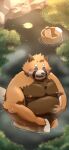  2022 ailurid anthro bathing belly big_belly blush brown_body detailed_background hi_res hon55728 humanoid_hands kemono male mammal moobs moon night nipples outside overweight overweight_male plant red_panda solo towel tree water 