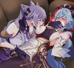  bangs bare_shoulders blue_hair blush breasts cone_hair_bun couch covering_another&#039;s_mouth fingering fingering_through_clothes ganyu_(genshin_impact) genshin_impact gloves hair_bun horns keqing_(genshin_impact) licking licking_nipple long_hair medium_breasts multiple_girls negom pantyhose purple_eyes purple_hair sweat through_clothes twintails 