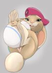  2022 anthro anus beret bit_(hop) clothing easter_egg female full-length_portrait fur genitals grey_eyes hat hat_only headgear headgear_only headwear headwear_only hi_res honeymono hop_(movie) lagomorph leporid looking_at_viewer mammal mostly_nude pink_berets portrait pussy rabbit solo tan_body tan_fur whiskers 
