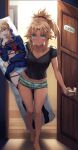  1girl alternate_costume artoria_pendragon_(fate) ass_visible_through_thighs blonde_hair blue_eyes blush breasts camisole dakimakura_(object) expressionless fate/apocrypha fate/grand_order fate_(series) frilled_shorts frills groin highres implied_yuri lipstick_mark looking_at_viewer midriff mordred_(fate) mother_and_daughter navel no_pants panties pillow ponytail pov_doorway red_scrunchie saber scrunchie shirt short_shorts shorts small_breasts smile solo striped striped_shorts tonee underwear 
