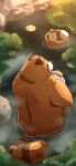  2022 ailurid anthro bathing brown_body detailed_background hi_res hon55728 humanoid_hands kemono male mammal moon night outside overweight overweight_male plant red_panda solo towel tree water 