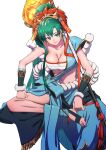  1girl aduti_momoyama bandages bandeau bangs blue_shirt blue_skirt breasts chest_sarashi cleavage earrings fire_emblem fire_emblem:_the_blazing_blade fire_emblem_heroes green_eyes green_hair hair_between_eyes head_tilt highres jewelry large_breasts long_hair looking_at_viewer lyn_(fire_emblem) mask mask_on_head midriff navel ponytail rope_belt sarashi shirt simple_background single-shoulder_shirt single_bare_shoulder single_sleeve sitting skirt smile solo stomach strapless tube_top very_long_hair white_background 
