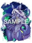  abstract_background anthro aurelia_(vanguard) big_breasts blue_body blue_skin breasts claws dragon fangs featureless_crotch female gold_markings hair kudakitsune long_ears long_tail markings nude pose sinister_smile solo thick_tail watermark white_hair yellow_claws yellow_eyes 