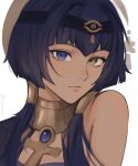  1girl bangs bare_shoulders blue_eyes blue_hair blush candace_(genshin_impact) closed_mouth dark-skinned_female dark_blue_hair dark_skin egyptian_clothes eye_of_horus eyelashes forehead_jewel gem genshin_impact hair_ornament heterochromia highres jewelry lips looking_at_viewer neck_ring nokkusuart short_hair_with_long_locks solo upper_body yellow_eyes 