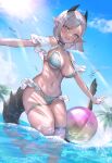  1girl :d ball bare_shoulders beachball bikini blue_bikini blue_sky blush breasts brown_eyes cleavage clothing_cutout day frilled_bikini frills grey_hair highres hitowa horns large_breasts leg_up lens_flare looking_at_viewer navel open_mouth original outdoors pointy_ears short_hair shoulder_cutout skindentation sky smile solo standing standing_on_one_leg stomach sunlight swimsuit tail thigh_strap water 