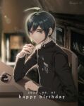  1boy bangs black_hair black_jacket brown_eyes buttons chair closed_mouth danganronpa_(series) danganronpa_v3:_killing_harmony dated double-breasted from_side hair_between_eyes happy_birthday highres indoors jacket japduk_s2 long_sleeves looking_at_viewer male_focus pen saihara_shuuichi shelf shiny shiny_hair short_hair solo striped striped_jacket table 