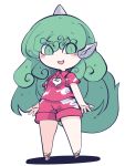  1girl blush_stickers fang fried_rice0614 full_body green_eyes green_hair highres horns kariyushi_shirt komano_aunn long_hair one-hour_drawing_challenge open_mouth red_shirt red_shorts shirt short_sleeves shorts simple_background single_horn smile solo touhou white_background white_shorts 