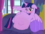  badumsquish bed blush bulge equid equine friendship_is_magic fur furniture hair hi_res horn hyper hyper_pregnancy looking_at_viewer lying mammal multicolored_hair my_little_pony on_bed pregnant purple_body purple_eyes purple_fur purple_hair twilight_sparkle_(mlp) unamused winged_unicorn wings 