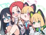  4girls :&lt; :d animal_ear_headphones animal_ears arisu_(blue_archive) bangs black_hair black_skirt blonde_hair blue_archive blue_eyes blue_necktie blush bow chibi closed_mouth collared_shirt commentary_request fake_animal_ears forehead green_eyes hair_between_eyes halo jacket long_hair midori_(blue_archive) momoi_(blue_archive) multiple_girls necktie nose_blush nyaru_(nyaru_4126) open_clothes open_jacket pink_eyes pleated_skirt red_bow red_hair sandals shirt siblings simple_background sisters skirt smile suspender_skirt suspenders twins v-shaped_eyebrows very_long_hair wavy_mouth white_background white_footwear white_jacket white_shirt yuzu_(blue_archive) 