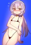  1boy bell bikini black_bikini black_choker blue_background blush bow choker cowboy_shot flying_sweatdrops grey_hair hair_bow hand_on_own_arm ikr_(artist) long_hair looking_at_viewer male_focus navel neck_bell otoko_no_ko simple_background solo swimsuit teeth tongkkangi tongkkangi_(streamer) yellow_eyes 