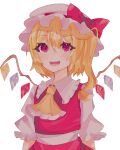  1girl :d ascot bangs blonde_hair blush bow collar commentary_request crystal eyelashes fangs flandre_scarlet frilled_collar frilled_sleeves frills hair_between_eyes hat hat_bow highres looking_at_viewer mob_cap multicolored_wings one_side_up open_mouth red_bow red_eyes red_skirt red_vest simple_background skirt smile solo touhou vest white_background white_headwear wings 
