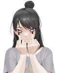  1girl absurdres black_hair black_nails double_middle_finger grey_shirt hair_bun highres long_hair looking_at_viewer middle_finger norunollu original purple_eyes shirt short_sleeves simple_background single_hair_bun slit_pupils solo white_background 