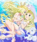  2girls absurdres air_bubble alolan_vulpix alternate_form ass bikini bikini_skirt blonde_hair bubble green_eyes hat highres holding_hands lillie_(pokemon) looking_at_another multiple_girls nihilego pokemoa pokemon pokemon_(anime) pokemon_(creature) pokemon_journeys smile sun_hat swimsuit underwater white_bikini 