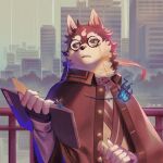  1boy animal_ears bandaged_hand bandages black_fur black_sclera blue_eyes blue_fire book bookmark cityscape cloak colored_sclera commentary dog_boy dog_ears eyewear_strap fingernails fire furry furry_male glasses guard_rail holding holding_book holding_weapon japanese_clothes looking_to_the_side male_focus masanori_(housamo) open_mouth outdoors ponytail round_eyewear sharp_fingernails snout solo sora-ya_(uya_kyo) thick_eyebrows tokyo_afterschool_summoners twitter_username two-tone_fur upper_body weapon white_fur 