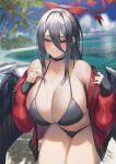  1girl bangs beach bikini black_bikini black_hair black_wings blue_archive blush breasts choker cleavage hair_between_eyes halo hasumi_(blue_archive) highres huge_breasts jacket jewelry long_hair looking_at_viewer mole mole_under_eye necklace ocean plaster_(2501) red_eyes red_jacket smile solo swimsuit teeth thighs wings 