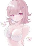  1girl absurdres bangs blunt_bangs blush bra breasts brown_hair cleavage collarbone danganronpa_(series) danganronpa_2:_goodbye_despair ear_bow galaga hair_ornament highres holding_own_arm large_breasts medium_hair monomi_(danganronpa) nanami_chiaki nen&#039;ne official_alternate_costume open_mouth pink_eyes shiny shiny_hair simple_background skindentation solo underwear upper_body white_background white_bra 