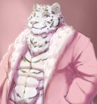  abs absurd_res anthro big_muscles blue_eyes body_hair bottomwear clothing felid fur hand_in_pocket hi_res looking_at_viewer male mammal muscular muscular_anthro muscular_male navel nyankyun540 overcoat pantherine pecs pink_clothing pockets pubes simple_background smile smirk solo solo_focus stripes teeth tiger topwear white_body white_fur 