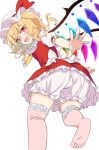  1girl absurdres blonde_hair bloomers crystal e.o. feet flandre_scarlet hat hat_ribbon highres mob_cap open_mouth puffy_sleeves red_eyes red_skirt ribbon short_sleeves simple_background skirt soles solo touhou underwear vest white_background white_bloomers white_headwear wings 
