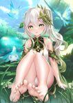  1girl bae.c bangs bare_legs bare_shoulders barefoot blue_butterfly blush braid bug butterfly colored_tips crystalfly_(genshin_impact) day dress feet foot_focus foreshortening full_body fungi_(genshin_impact) gem genshin_impact gradient_hair grass green_gemstone hair_ornament highres knees_up leaf_hair_ornament long_hair looking_at_viewer multicolored_hair nahida_(genshin_impact) nature outdoors panties pantyshot parted_lips plant pointy_ears ponytail side_ponytail sidelocks sitting sleeveless sleeveless_dress smile soles solo toes two-tone_hair underwear white_dress white_hair white_panties 