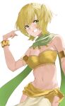  1girl :d ahataro arabian_clothes arm_at_side armlet armpit_crease bandeau bangle bangs bare_shoulders blonde_hair bracelet breasts cleavage commentary_request cowboy_shot daiba_nana green_eyes green_scarf grin groin hair_between_eyes hand_up harem_outfit highres index_finger_raised jewelry looking_at_viewer medium_breasts midriff navel official_alternate_costume pelvic_curtain scarf short_hair short_twintails shoujo_kageki_revue_starlight simple_background smile solo standing stomach strapless tube_top twintails white_background yellow_bandeau 