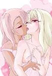  2girls asymmetrical_bangs bangs bare_shoulders blonde_hair breasts chloe_von_einzbern closed_eyes clothes_pull collarbone dark-skinned_female dark_skin fate/kaleid_liner_prisma_illya fate_(series) french_kiss hand_on_own_chest illyasviel_von_einzbern kiss kiss_from_behind marutaya medium_hair multiple_girls nipples no_bra off_shoulder one_eye_closed pink_hair shirt side_ponytail sidelocks sleeveless sleeveless_shirt small_breasts teardrop yuri 